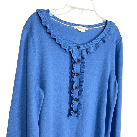 Boden Sweater Lara Frill Henley Ruffle Blue Women's Sz 8  Wool Cotton Blend - Picture 4 of 7